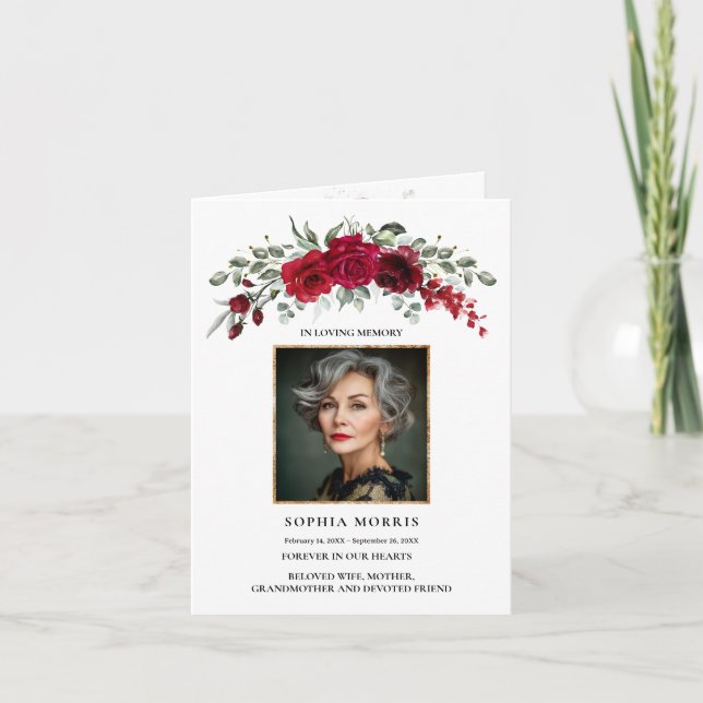 Tarjeta De Agradecimiento Burgundy Red Roses Funeral Folded Thank You Card (Anverso)