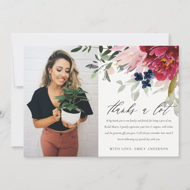 Tarjeta De Agradecimiento Burgundy Rubor Floral Bunch Photo Bridal Shower (Anverso)