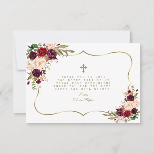 Tarjeta De Agradecimiento Burgundy Rubor Floral Gold Cross Santa Comunión (Anverso)