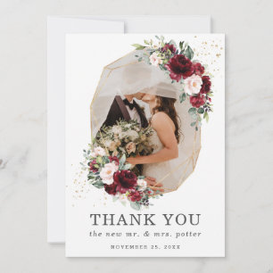 Tarjeta De Agradecimiento Burgundy Rubor Floral Gold Geométrico Photo Boda