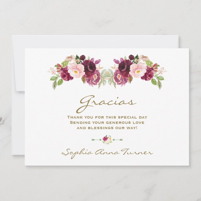 Tarjeta De Agradecimiento Burgundy Rubor Flower Español Gracias Baby Shower (Anverso)