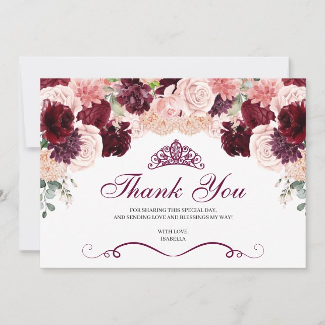 Tarjeta De Agradecimiento Burgundy Rubor Pink Floral Quinceanera Gracias (Anverso)