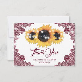 Tarjeta De Agradecimiento Burgundy Rustic Floral Lace Sunflower Wedding