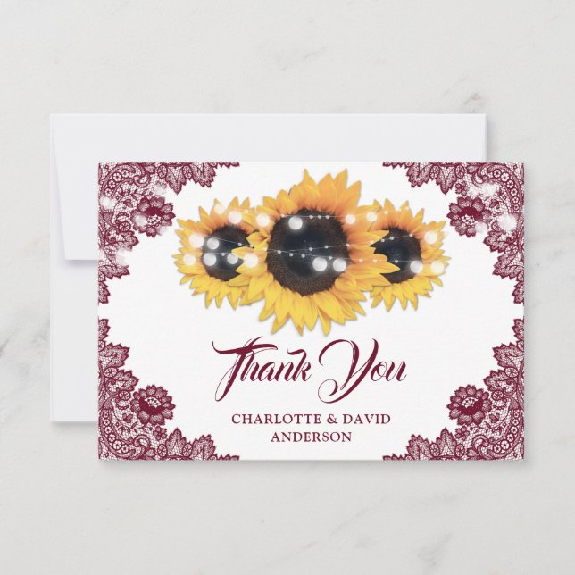 Tarjeta De Agradecimiento Burgundy Rustic Floral Lace Sunflower Wedding (Anverso)