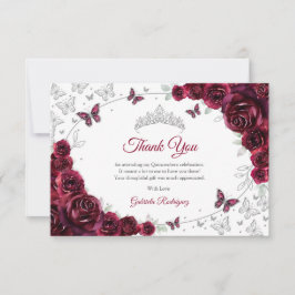 Tarjeta De Agradecimiento Burgundy Silver Floral Quinceanera