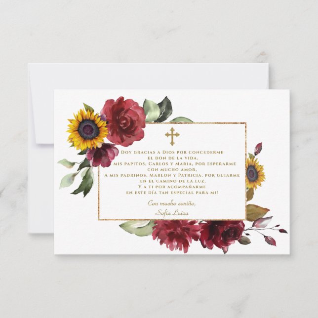 Tarjeta De Agradecimiento Burgundy Sunflower Gracias Con Oración Bautizo (Anverso)