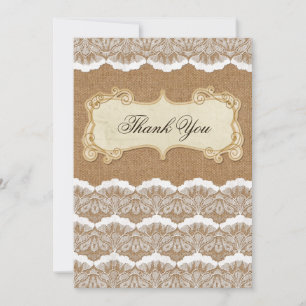 Tarjeta De Agradecimiento Burlap de Moda rústica y boda de campo de encaje