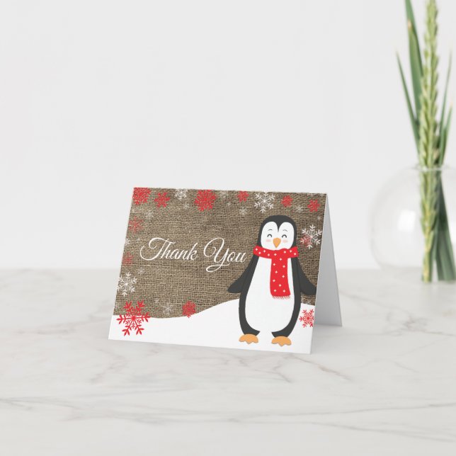Tarjeta De Agradecimiento Burlap del copo de nieve rojo pingüino de invierno (Anverso)