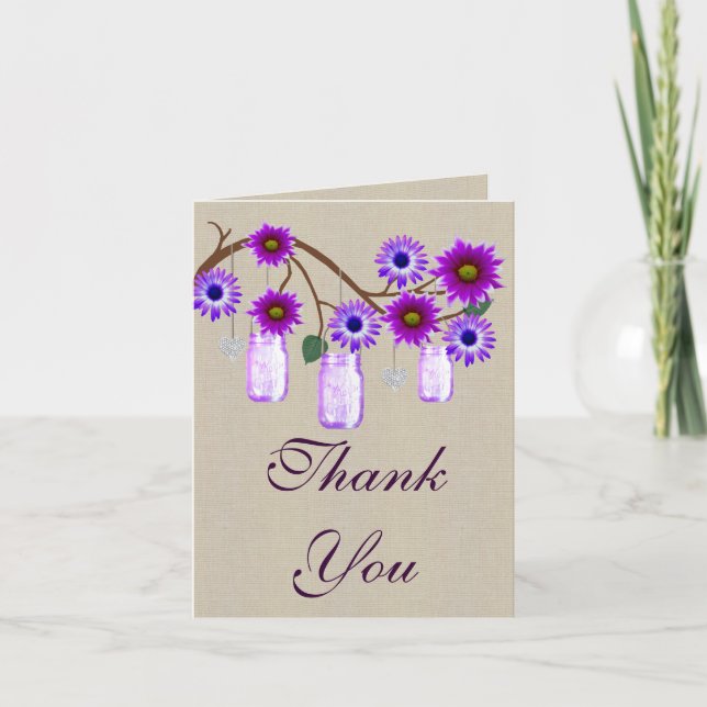 Tarjeta De Agradecimiento Burlap Rustic Purple Mason Jars Gracias Card (Anverso)