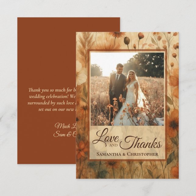 Tarjeta De Agradecimiento Burnt Sienna Boho Wildflowers Photo & Note Wedding (Anverso / Reverso)