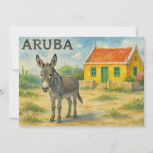 Tarjeta De Agradecimiento Burro de Aruba con casa cunucu amarilla acuarela