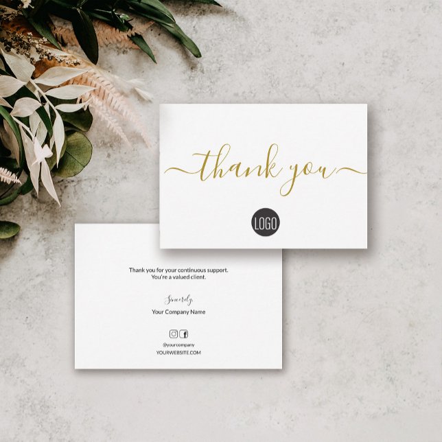 Tarjeta De Agradecimiento Business Company logo Social Gold Black small (Black gold business thank you card with custom logo, message, social icons, website and company name)