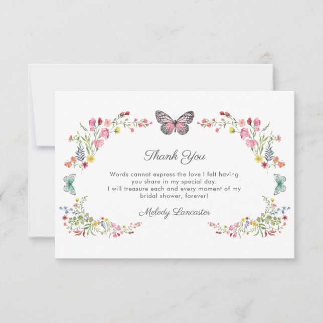 Tarjeta De Agradecimiento Butfly Wildflower Bridal Shower (Anverso)