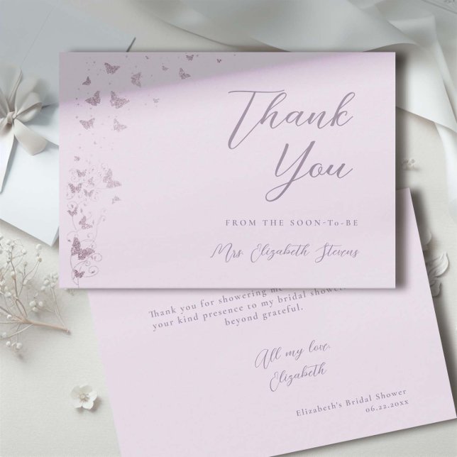 Tarjeta De Agradecimiento Butterflies Lilac Silver Ducha de novias (lilac glitter butterflies bridal shower thank you card)