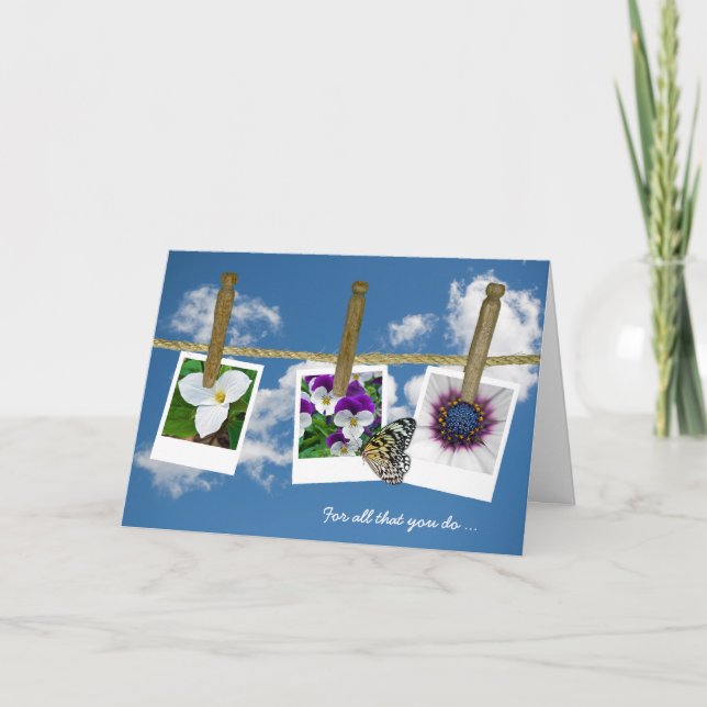 Tarjeta De Agradecimiento Butterfly and floral photos on clothesline (Anverso)