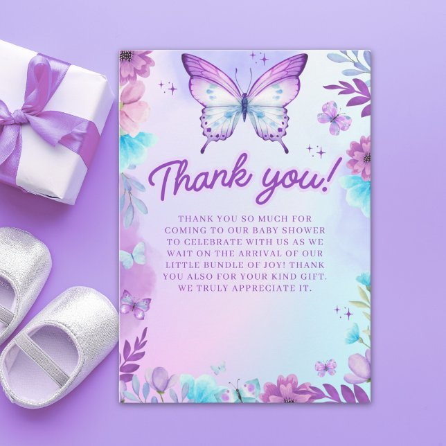 Tarjeta De Agradecimiento Butterfly Baby Shower Girl with Purple flowers (Subido por el creador)