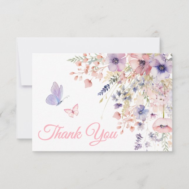 Tarjeta De Agradecimiento Butterfly Blush Pink Purple Wildflower (Anverso)