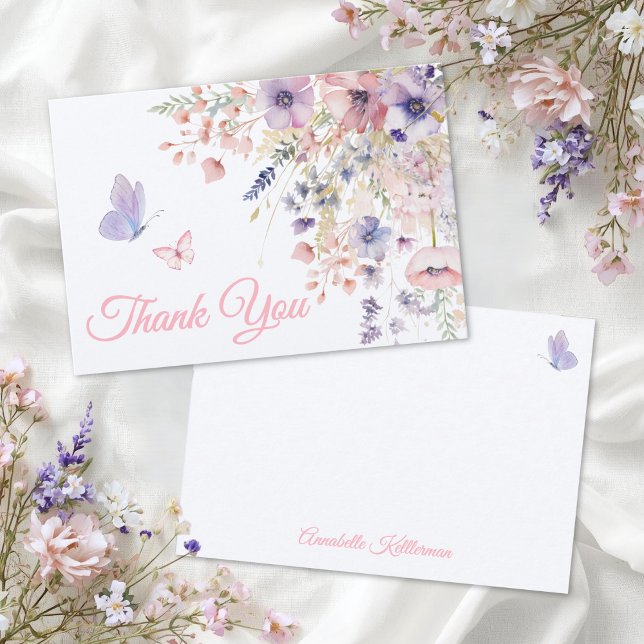 Tarjeta De Agradecimiento Butterfly Blush Pink Purple Wildflower (Butterfly Blush Pink Purple Wildflower Thank You Card)