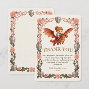 Tarjeta De Agradecimiento Caballero Caprichoso Niña y Dragón Primer Cumpleañ