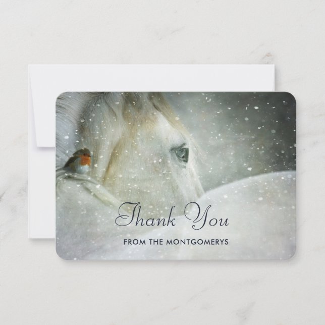 Tarjeta De Agradecimiento Caballo blanco y pájaro en una nevada de invierno  (Anverso)