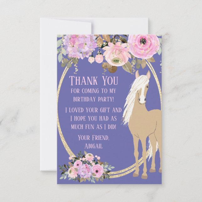 Tarjeta De Agradecimiento Caballo Bonito con Flores Rosadas y Periwinkle (Anverso)