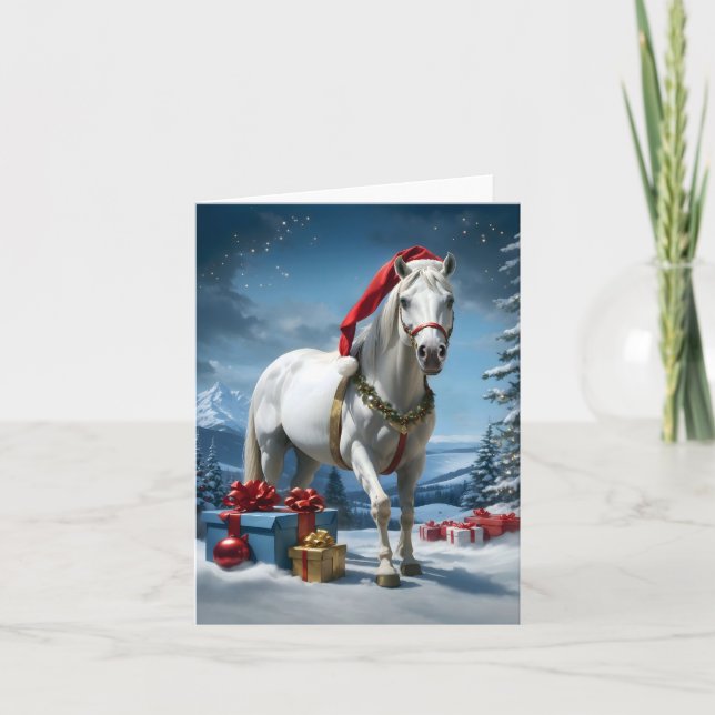 Tarjeta De Agradecimiento caballo con sombrero de santa y regalos de navidad (Anverso)