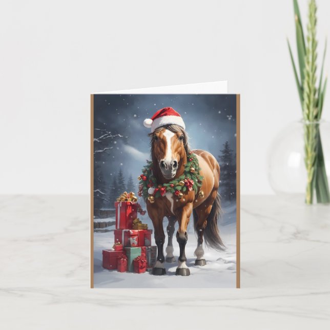 Tarjeta De Agradecimiento caballo con sombrero de santa y regalos de navidad (Anverso)