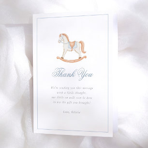 Tarjeta De Agradecimiento Caballo de Balanço Azul Gingham Vintage para Baby