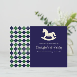 Tarjeta De Agradecimiento Caballo de Balanço Preppy Argyle 1er Cumpleaños