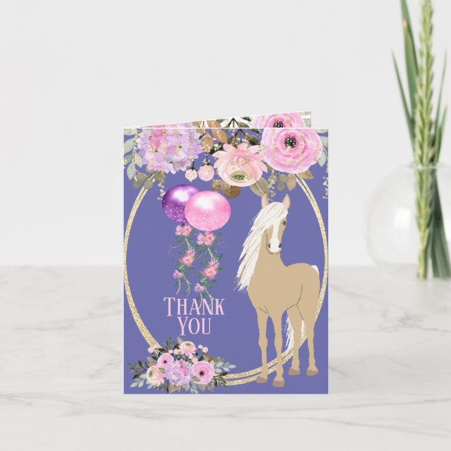 Tarjeta De Agradecimiento Caballo de bonito con flores rosadas y perwinkle (Anverso)
