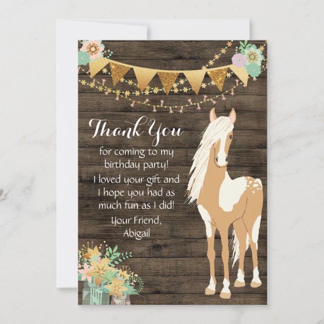 Tarjeta De Agradecimiento Caballo de bonito y flores Madera Rústica (Anverso)