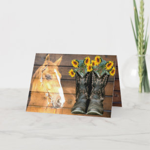 Tarjeta De Agradecimiento Caballo De Estilo Occidental Y Cowboy Boots Sunflo