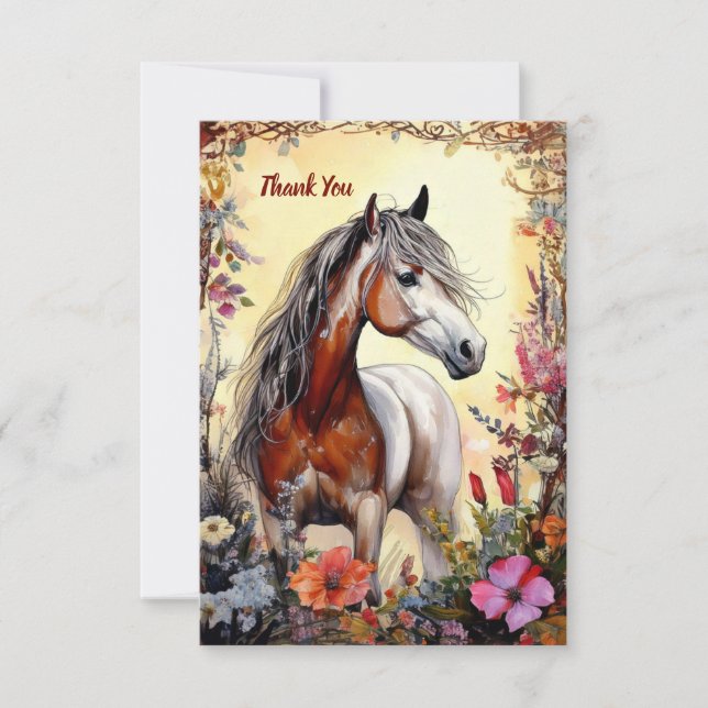 Tarjeta De Agradecimiento Caballo de Pinto y flores (Anverso)