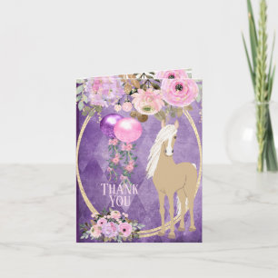 Tarjeta De Agradecimiento Caballo Flores Rosadas y Moradas Palomino Bonito