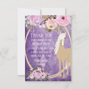 Tarjeta De Agradecimiento Caballo Flores Rosadas y Moradas Palomino Bonito