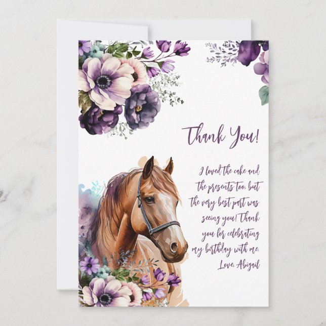 Tarjeta De Agradecimiento Caballo Gracias Flores Púrpura (Anverso)