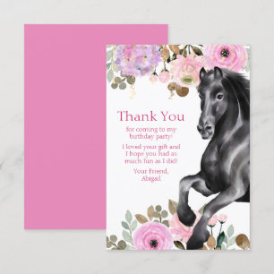 Tarjeta De Agradecimiento Caballo negro bonito con flores rosadas Cumpleaños
