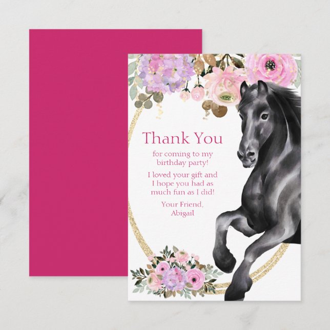Tarjeta De Agradecimiento Caballo negro bonito con flores rosadas Cumpleaños (Anverso / Reverso)