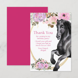 Tarjeta De Agradecimiento Caballo negro bonito con flores rosadas Cumpleaños