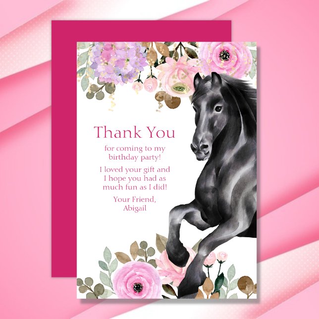 Tarjeta De Agradecimiento Caballo negro bonito con flores rosadas Cumpleaños (Subido por el creador)