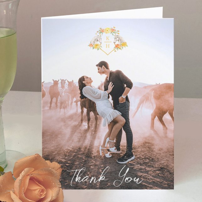 Tarjeta De Agradecimiento Caballo y rosas foto de boda en monograma gris ama (Subido por el creador)