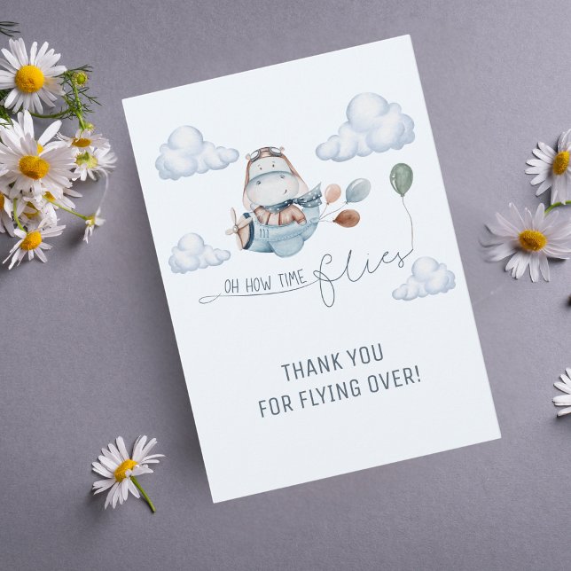 Tarjeta De Agradecimiento Cachorro de Hipopótamo Vuela Avión y Nubes, Primer (Subido por el creador)