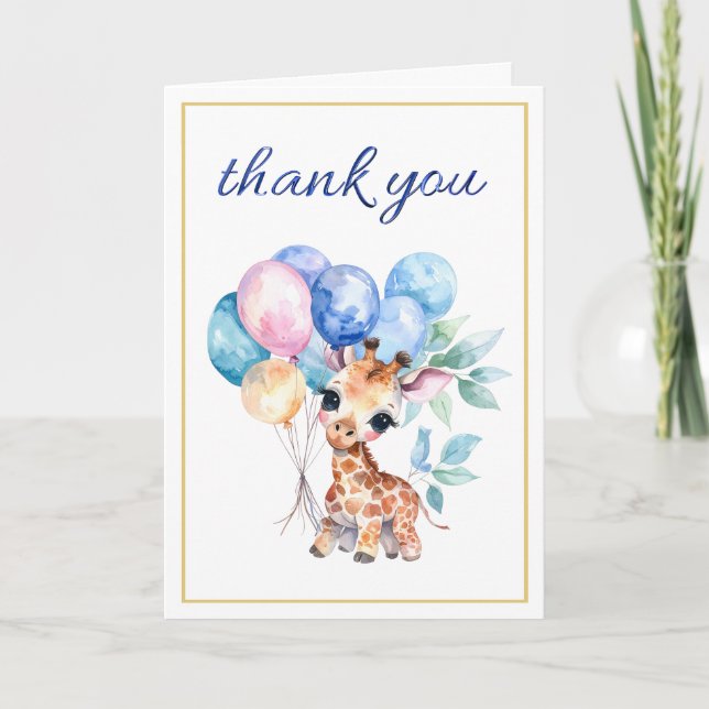 Tarjeta De Agradecimiento Cachorro de jirafa con globos Gracias (Anverso)