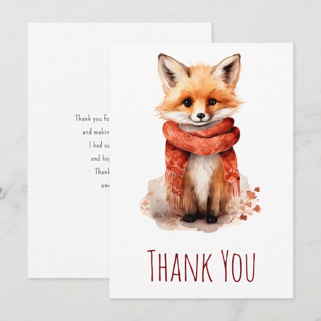 Tarjeta De Agradecimiento Cachorro de zorro sonriente lindo con una bufanda  (Anverso / Reverso)
