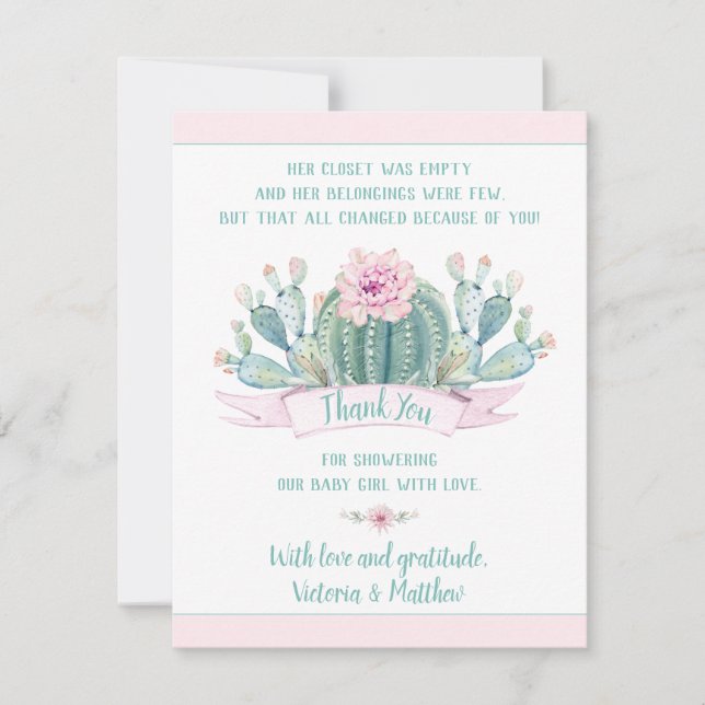 Tarjeta De Agradecimiento Cactus Baby Shower Gracias Cartas (Anverso)