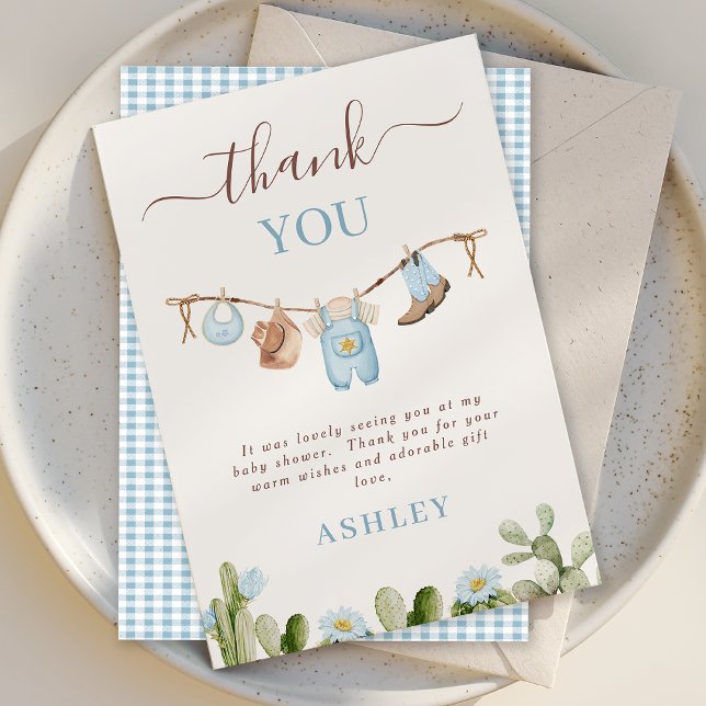 Tarjeta De Agradecimiento Cactus Cowboy Baby Shower (Cowboy Baby Shower Thank You Card Template, Cowboy Clothesline Thank You Card Blue Floral Cactus)