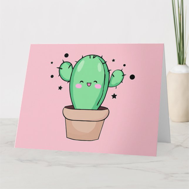 Tarjeta De Agradecimiento Cactus de bebé sonriente feliz en jarrón con estre (Anverso)