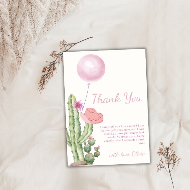 Tarjeta De Agradecimiento Cactus de flores pinky Flower Balloon Cowgirl Baby (Pinky Flower Cactus Balloon Cowgirl Baby Shower Thank You Card)