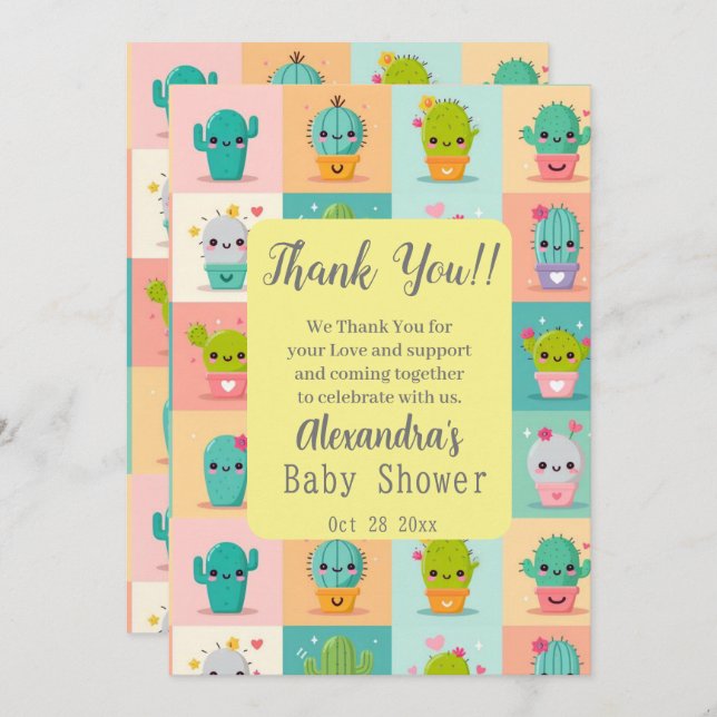 Tarjeta De Agradecimiento Cactus de postre y Baby Shower delicioso de Kawaii (Anverso / Reverso)
