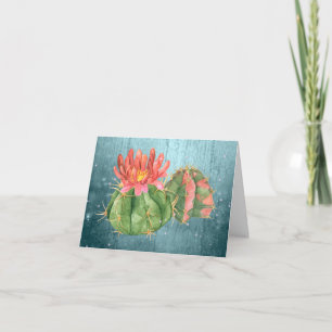Tarjeta De Agradecimiento Cactus florecido naranja acuarela azul turquesa